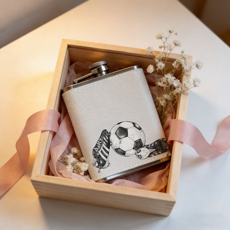 Two sports shoes and a soccer ball 8oz Stainless Steel Whiskey Flask with Fashionable pattern print Design - Portable Outdoor Camping & Hunting Flask, Perfect for Tequila, Whiskey, and Spirits - Unique Father'S Day Christmas Gift