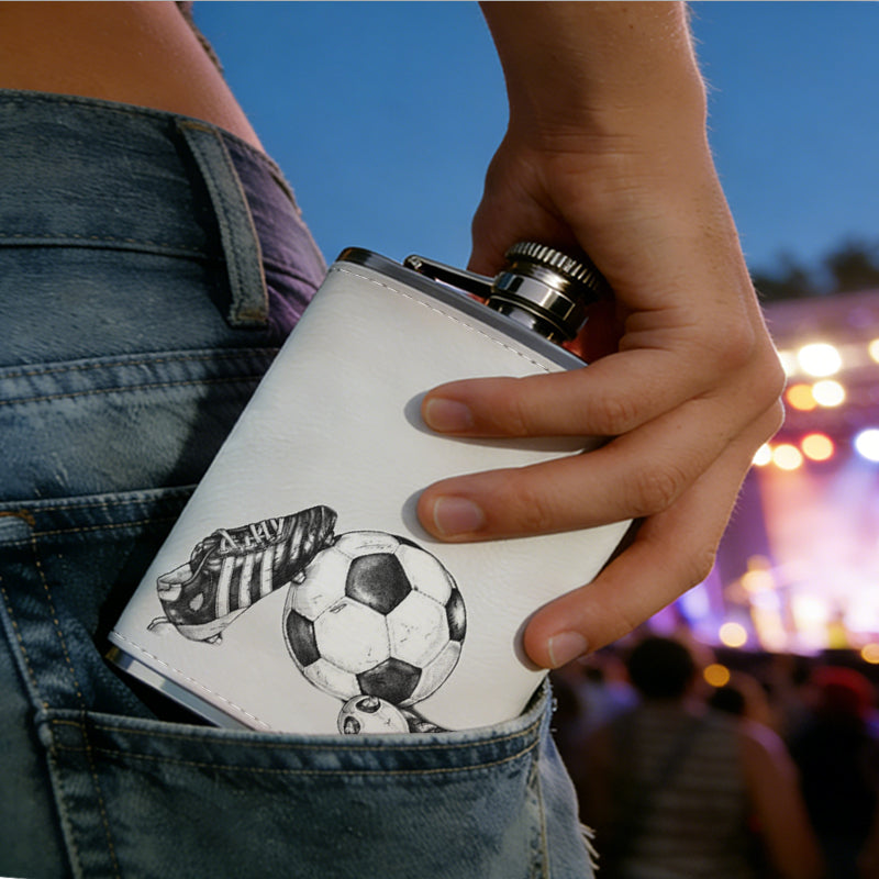 Two sports shoes and a soccer ball 8oz Stainless Steel Whiskey Flask with Fashionable pattern print Design - Portable Outdoor Camping & Hunting Flask, Perfect for Tequila, Whiskey, and Spirits - Unique Father'S Day Christmas Gift