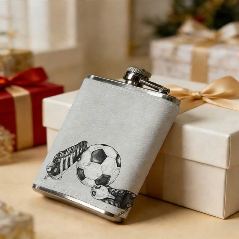 Two sports shoes and a soccer ball 8oz Stainless Steel Whiskey Flask with Fashionable pattern print Design - Portable Outdoor Camping & Hunting Flask, Perfect for Tequila, Whiskey, and Spirits - Unique Father'S Day Christmas Gift