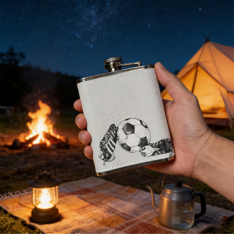 Two sports shoes and a soccer ball 8oz Stainless Steel Whiskey Flask with Fashionable pattern print Design - Portable Outdoor Camping & Hunting Flask, Perfect for Tequila, Whiskey, and Spirits - Unique Father'S Day Christmas Gift