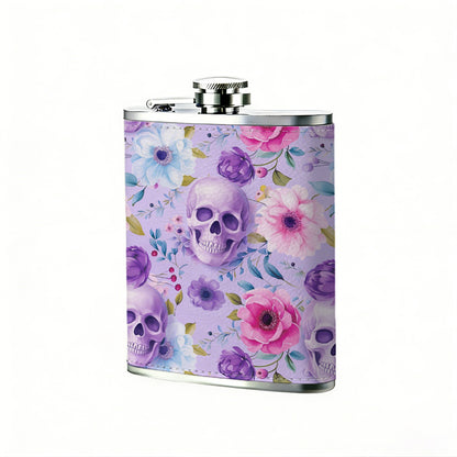 Skulls and pastel floral pattern 8oz Stainless Steel Whiskey Flask with Fashionable pattern print Design - Portable Outdoor Camping & Hunting Flask, Perfect for Tequila, Whiskey, and Spirits - Unique Father'S Day Christmas Gift