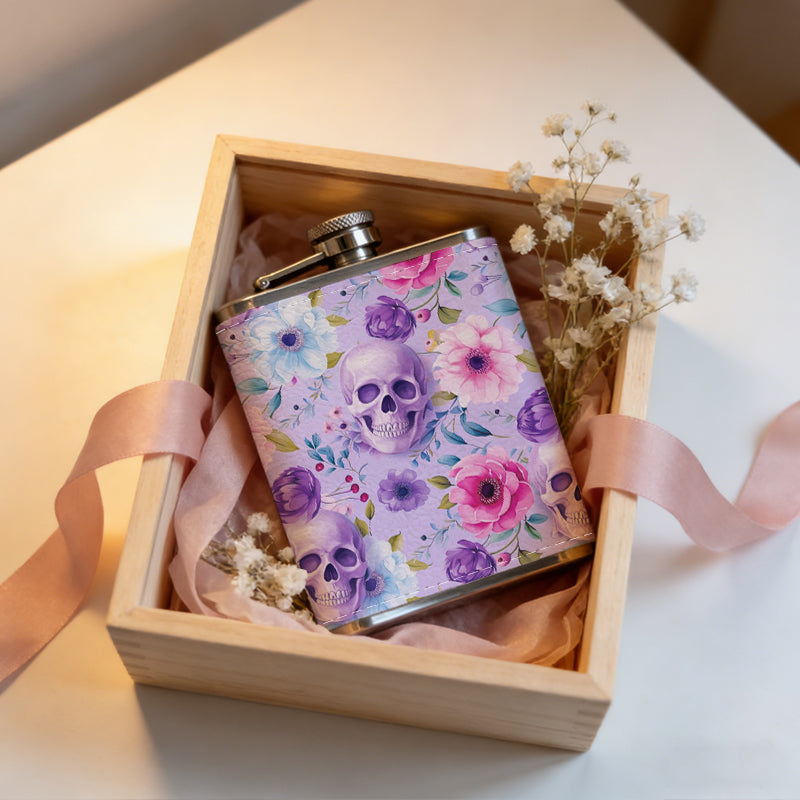 Skulls and pastel floral pattern 8oz Stainless Steel Whiskey Flask with Fashionable pattern print Design - Portable Outdoor Camping & Hunting Flask, Perfect for Tequila, Whiskey, and Spirits - Unique Father'S Day Christmas Gift