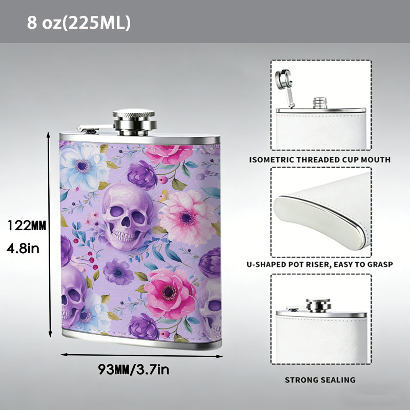 Skulls and pastel floral pattern 8oz Stainless Steel Whiskey Flask with Fashionable pattern print Design - Portable Outdoor Camping & Hunting Flask, Perfect for Tequila, Whiskey, and Spirits - Unique Father'S Day Christmas Gift