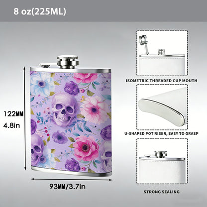 Skulls and pastel floral pattern 8oz Stainless Steel Whiskey Flask with Fashionable pattern print Design - Portable Outdoor Camping & Hunting Flask, Perfect for Tequila, Whiskey, and Spirits - Unique Father'S Day Christmas Gift