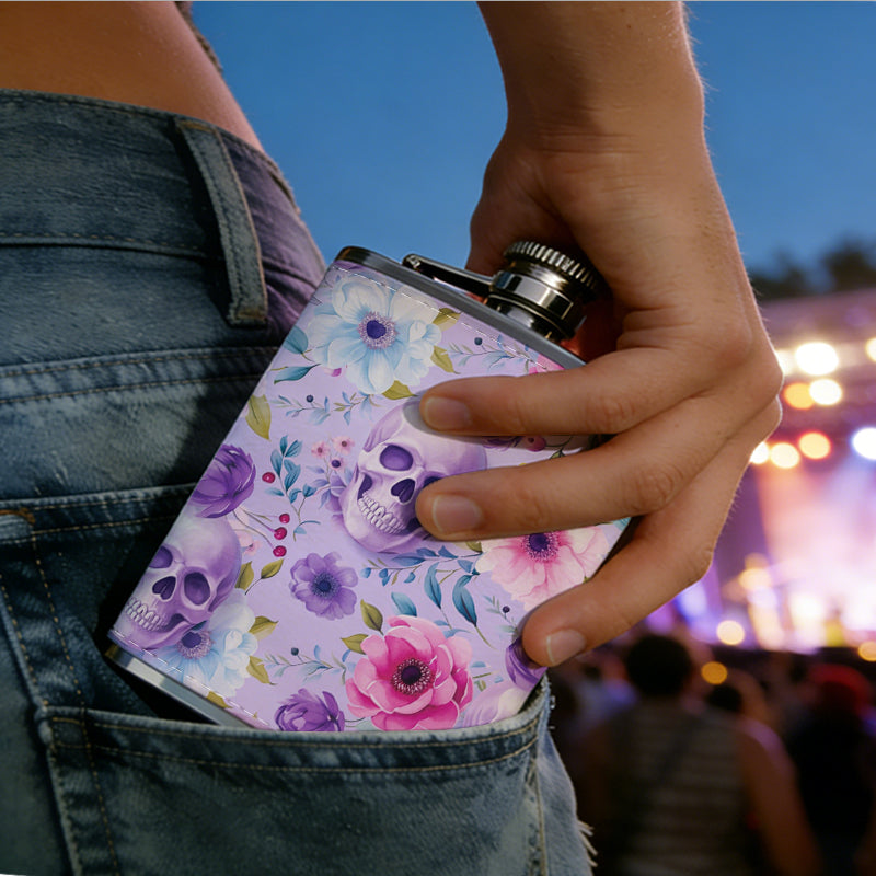Skulls and pastel floral pattern 8oz Stainless Steel Whiskey Flask with Fashionable pattern print Design - Portable Outdoor Camping & Hunting Flask, Perfect for Tequila, Whiskey, and Spirits - Unique Father'S Day Christmas Gift