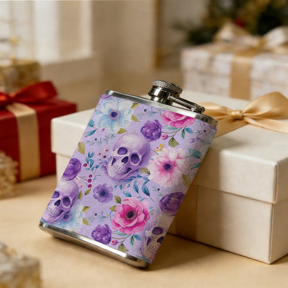 Skulls and pastel floral pattern 8oz Stainless Steel Whiskey Flask with Fashionable pattern print Design - Portable Outdoor Camping & Hunting Flask, Perfect for Tequila, Whiskey, and Spirits - Unique Father'S Day Christmas Gift
