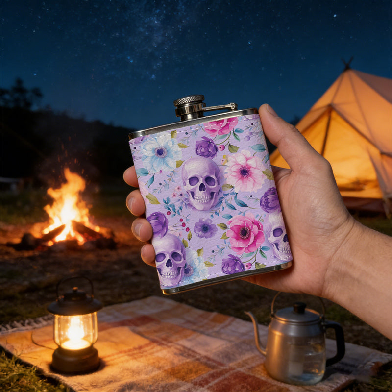Skulls and pastel floral pattern 8oz Stainless Steel Whiskey Flask with Fashionable pattern print Design - Portable Outdoor Camping & Hunting Flask, Perfect for Tequila, Whiskey, and Spirits - Unique Father'S Day Christmas Gift