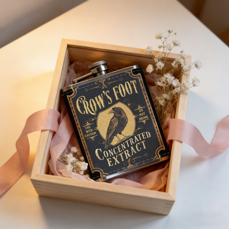Vintage Crow's Foot concentrated extract label 1pc Stainless Steel Flask 8oz -Fashionable patterns Design, Ideal for Dad, Grandpa, Uncle, Hunting Enthusiasts, Birthday, Party, Christmas, Halloween Gifts