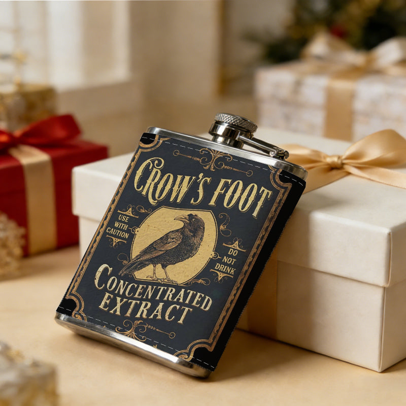 Vintage Crow's Foot concentrated extract label 1pc Stainless Steel Flask 8oz -Fashionable patterns Design, Ideal for Dad, Grandpa, Uncle, Hunting Enthusiasts, Birthday, Party, Christmas, Halloween Gifts
