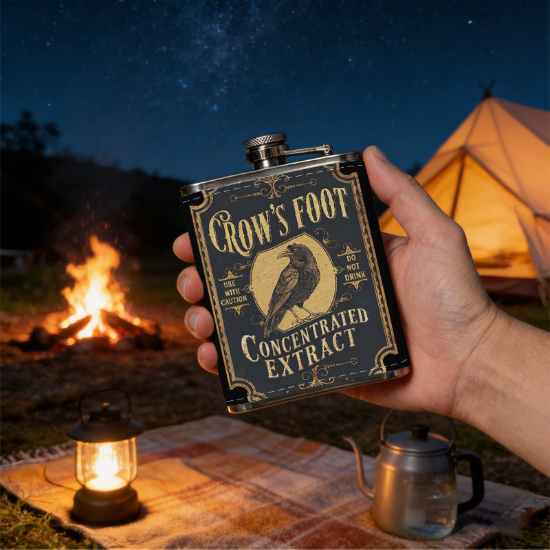Vintage Crow's Foot concentrated extract label 1pc Stainless Steel Flask 8oz -Fashionable patterns Design, Ideal for Dad, Grandpa, Uncle, Hunting Enthusiasts, Birthday, Party, Christmas, Halloween Gifts