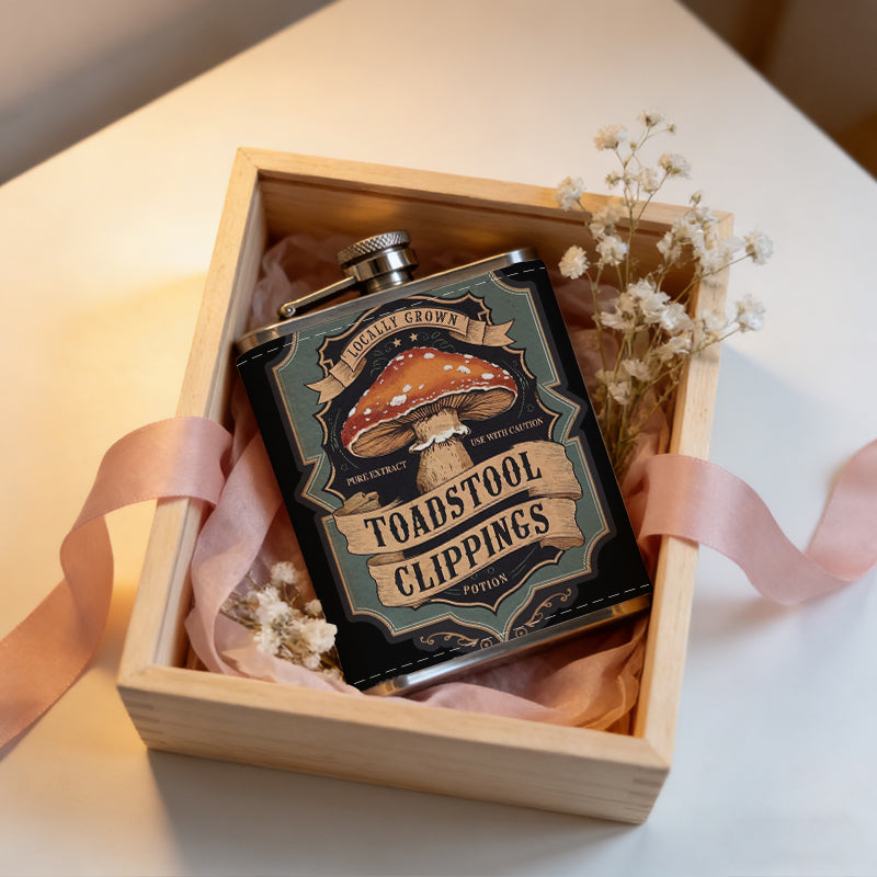Vintage mushroom badge with text 1pc Stainless Steel Flask 8oz -Fashionable patterns Design, Ideal for Dad, Grandpa, Uncle, Hunting Enthusiasts, Birthday, Party, Christmas, Halloween Gifts