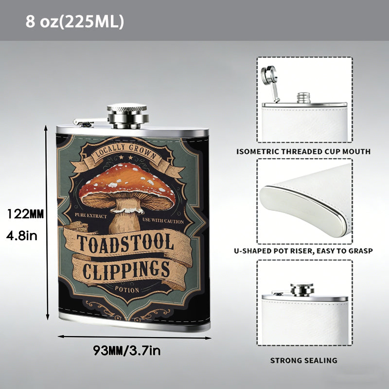 Vintage mushroom badge with text 1pc Stainless Steel Flask 8oz -Fashionable patterns Design, Ideal for Dad, Grandpa, Uncle, Hunting Enthusiasts, Birthday, Party, Christmas, Halloween Gifts