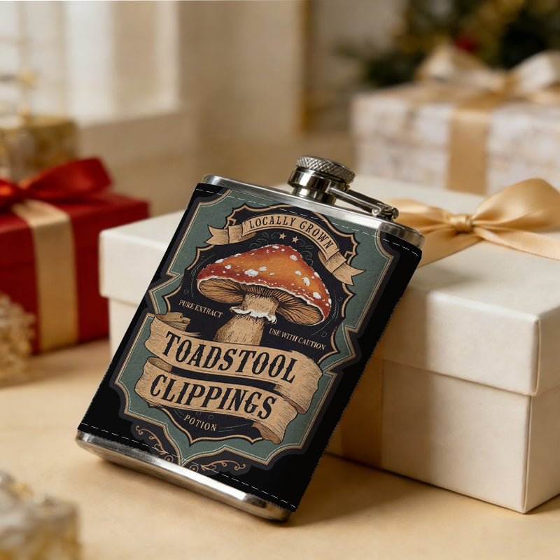 Vintage mushroom badge with text 1pc Stainless Steel Flask 8oz -Fashionable patterns Design, Ideal for Dad, Grandpa, Uncle, Hunting Enthusiasts, Birthday, Party, Christmas, Halloween Gifts