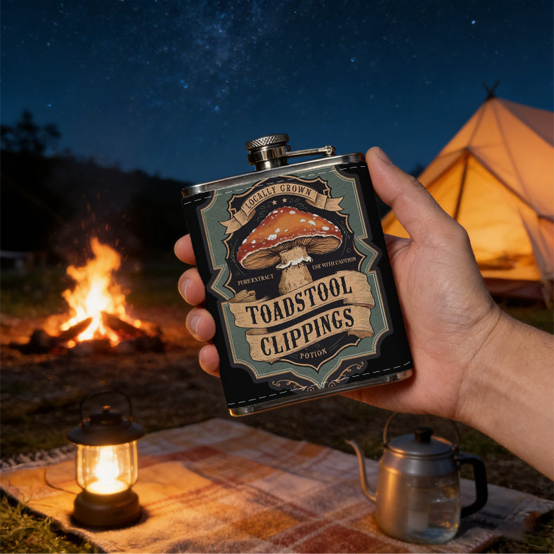 Vintage mushroom badge with text 1pc Stainless Steel Flask 8oz -Fashionable patterns Design, Ideal for Dad, Grandpa, Uncle, Hunting Enthusiasts, Birthday, Party, Christmas, Halloween Gifts