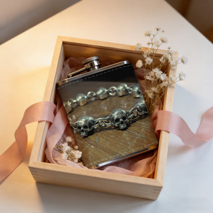Skull metal bracelet on wooden table 1pc Stainless Steel Flask 8oz -Fashionable patterns Design, Ideal for Dad, Grandpa, Uncle, Hunting Enthusiasts, Birthday, Party, Christmas, Halloween Gifts