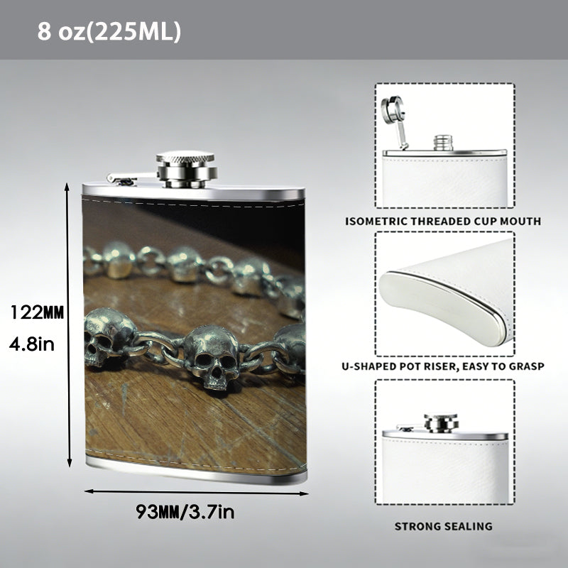 Skull metal bracelet on wooden table 1pc Stainless Steel Flask 8oz -Fashionable patterns Design, Ideal for Dad, Grandpa, Uncle, Hunting Enthusiasts, Birthday, Party, Christmas, Halloween Gifts