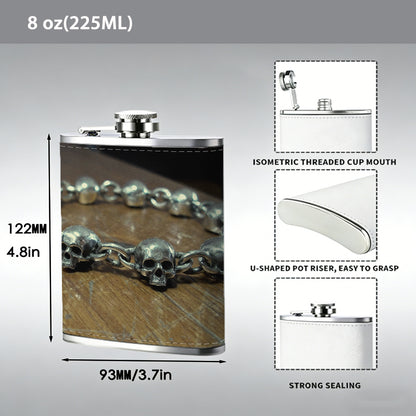 Skull metal bracelet on wooden table 1pc Stainless Steel Flask 8oz -Fashionable patterns Design, Ideal for Dad, Grandpa, Uncle, Hunting Enthusiasts, Birthday, Party, Christmas, Halloween Gifts