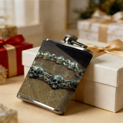 Skull metal bracelet on wooden table 1pc Stainless Steel Flask 8oz -Fashionable patterns Design, Ideal for Dad, Grandpa, Uncle, Hunting Enthusiasts, Birthday, Party, Christmas, Halloween Gifts