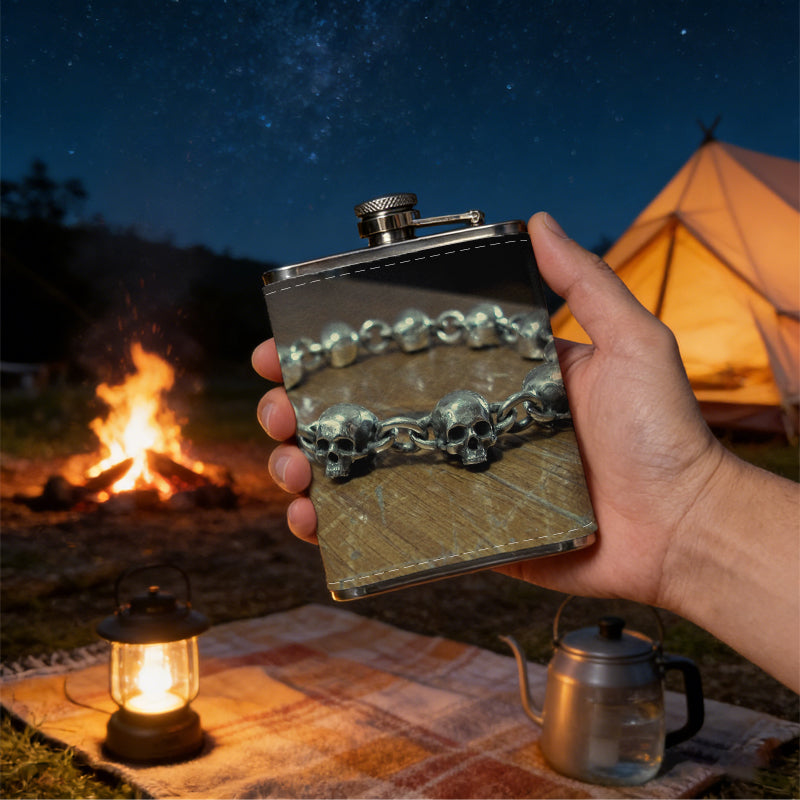 Skull metal bracelet on wooden table 1pc Stainless Steel Flask 8oz -Fashionable patterns Design, Ideal for Dad, Grandpa, Uncle, Hunting Enthusiasts, Birthday, Party, Christmas, Halloween Gifts
