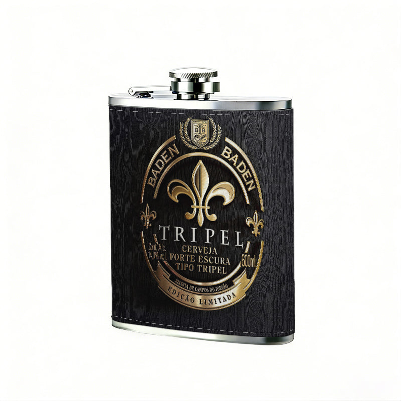 A vintage black-gold beer label with fleur-de-lis 1pc Stainless Steel Flask 8oz -Fashionable patterns Design, Ideal for Dad, Grandpa, Uncle, Hunting Enthusiasts, Birthday, Party, Christmas, Halloween Gifts