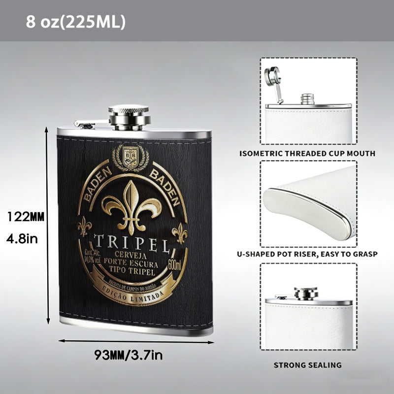 A vintage black-gold beer label with fleur-de-lis 1pc Stainless Steel Flask 8oz -Fashionable patterns Design, Ideal for Dad, Grandpa, Uncle, Hunting Enthusiasts, Birthday, Party, Christmas, Halloween Gifts