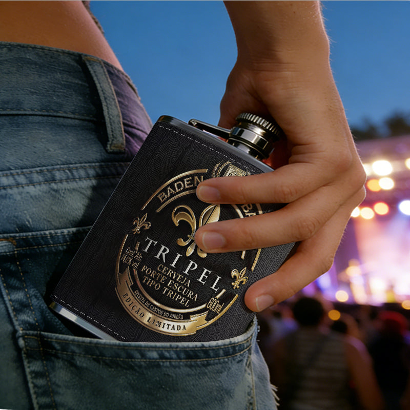 A vintage black-gold beer label with fleur-de-lis 1pc Stainless Steel Flask 8oz -Fashionable patterns Design, Ideal for Dad, Grandpa, Uncle, Hunting Enthusiasts, Birthday, Party, Christmas, Halloween Gifts