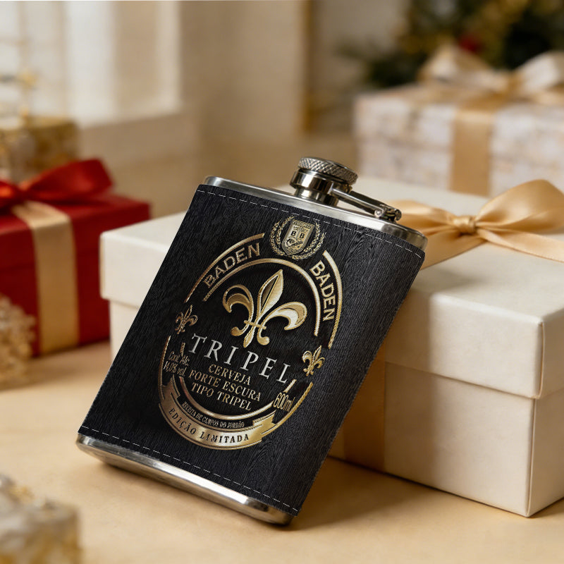 A vintage black-gold beer label with fleur-de-lis 1pc Stainless Steel Flask 8oz -Fashionable patterns Design, Ideal for Dad, Grandpa, Uncle, Hunting Enthusiasts, Birthday, Party, Christmas, Halloween Gifts