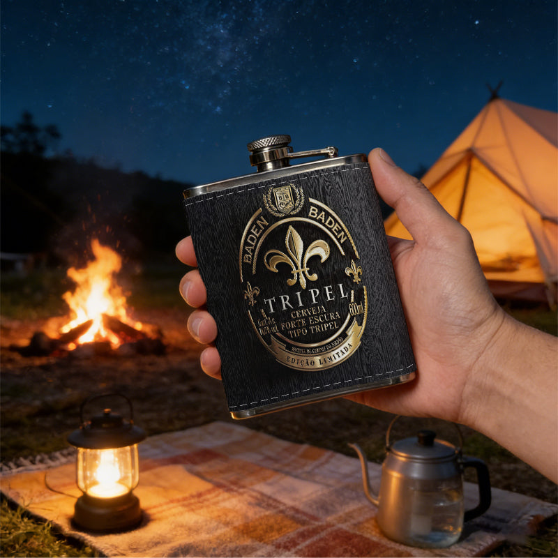 A vintage black-gold beer label with fleur-de-lis 1pc Stainless Steel Flask 8oz -Fashionable patterns Design, Ideal for Dad, Grandpa, Uncle, Hunting Enthusiasts, Birthday, Party, Christmas, Halloween Gifts