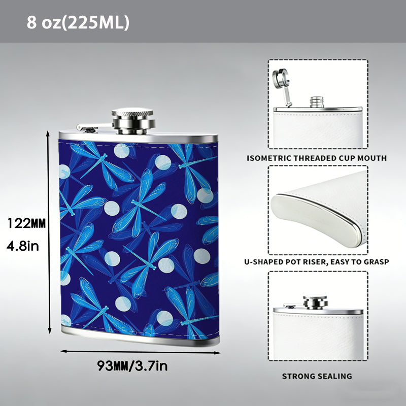 Blue leaf and white dot pattern 1pc Stainless Steel Flask 8oz -Fashionable patterns Design, Ideal for Dad, Grandpa, Uncle, Hunting Enthusiasts, Birthday, Party, Christmas, Halloween Gifts