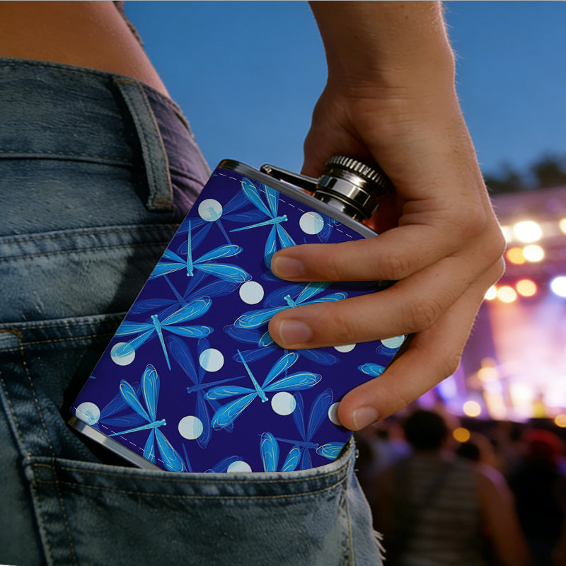Blue leaf and white dot pattern 1pc Stainless Steel Flask 8oz -Fashionable patterns Design, Ideal for Dad, Grandpa, Uncle, Hunting Enthusiasts, Birthday, Party, Christmas, Halloween Gifts