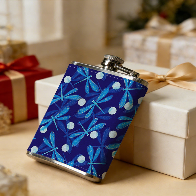 Blue leaf and white dot pattern 1pc Stainless Steel Flask 8oz -Fashionable patterns Design, Ideal for Dad, Grandpa, Uncle, Hunting Enthusiasts, Birthday, Party, Christmas, Halloween Gifts
