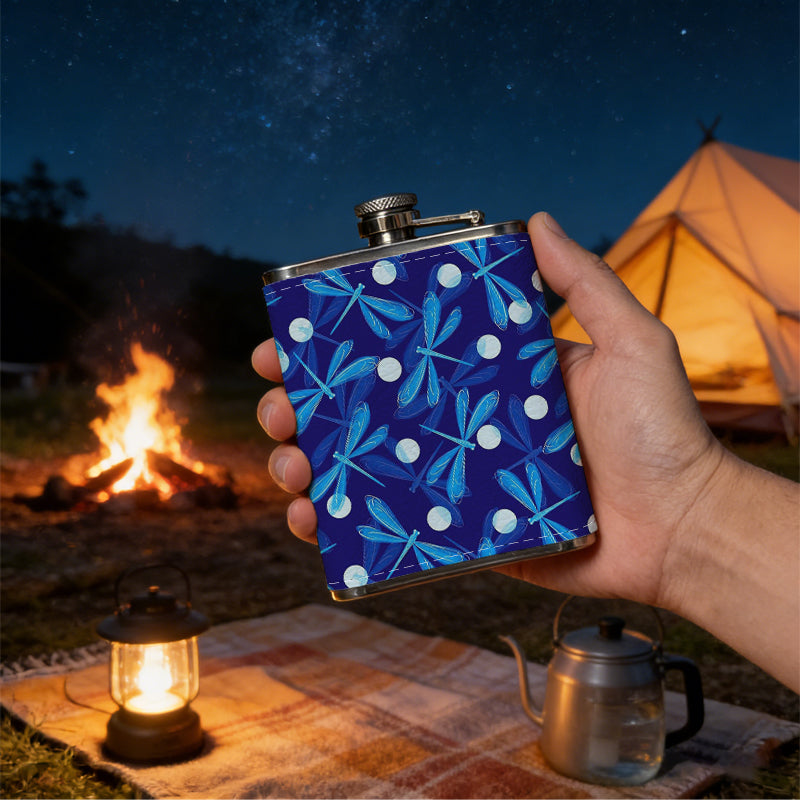 Blue leaf and white dot pattern 1pc Stainless Steel Flask 8oz -Fashionable patterns Design, Ideal for Dad, Grandpa, Uncle, Hunting Enthusiasts, Birthday, Party, Christmas, Halloween Gifts