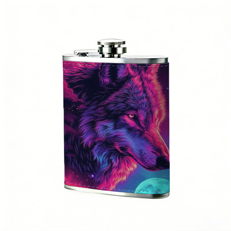 Neon wolf head cosmic background 1pc Stainless Steel Flask 8oz -Fashionable patterns Design, Ideal for Dad, Grandpa, Uncle, Hunting Enthusiasts, Birthday, Party, Christmas, Halloween Gifts