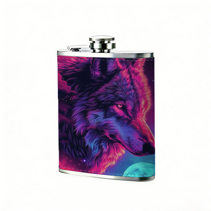Neon wolf head cosmic background 1pc Stainless Steel Flask 8oz -Fashionable patterns Design, Ideal for Dad, Grandpa, Uncle, Hunting Enthusiasts, Birthday, Party, Christmas, Halloween Gifts