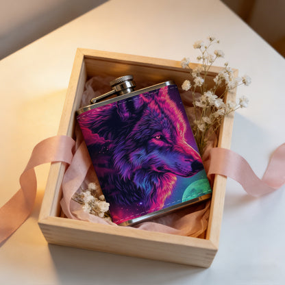 Neon wolf head cosmic background 1pc Stainless Steel Flask 8oz -Fashionable patterns Design, Ideal for Dad, Grandpa, Uncle, Hunting Enthusiasts, Birthday, Party, Christmas, Halloween Gifts