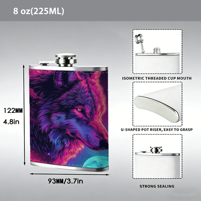 Neon wolf head cosmic background 1pc Stainless Steel Flask 8oz -Fashionable patterns Design, Ideal for Dad, Grandpa, Uncle, Hunting Enthusiasts, Birthday, Party, Christmas, Halloween Gifts