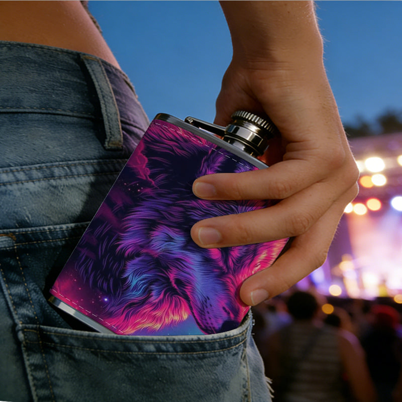 Neon wolf head cosmic background 1pc Stainless Steel Flask 8oz -Fashionable patterns Design, Ideal for Dad, Grandpa, Uncle, Hunting Enthusiasts, Birthday, Party, Christmas, Halloween Gifts