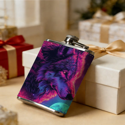 Neon wolf head cosmic background 1pc Stainless Steel Flask 8oz -Fashionable patterns Design, Ideal for Dad, Grandpa, Uncle, Hunting Enthusiasts, Birthday, Party, Christmas, Halloween Gifts