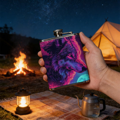 Neon wolf head cosmic background 1pc Stainless Steel Flask 8oz -Fashionable patterns Design, Ideal for Dad, Grandpa, Uncle, Hunting Enthusiasts, Birthday, Party, Christmas, Halloween Gifts