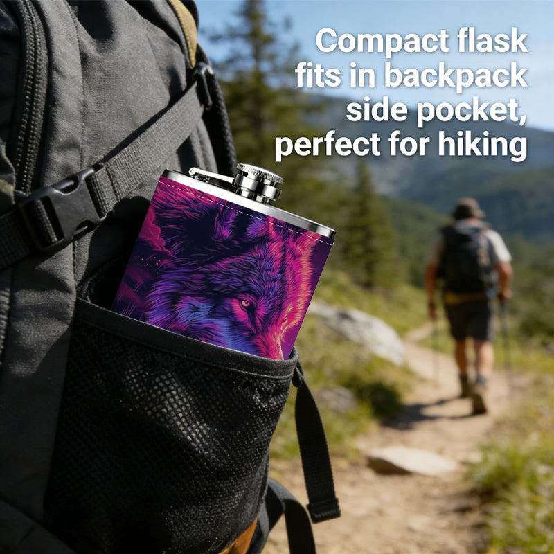 Neon wolf head cosmic background 1pc Stainless Steel Flask 8oz -Fashionable patterns Design, Ideal for Dad, Grandpa, Uncle, Hunting Enthusiasts, Birthday, Party, Christmas, Halloween Gifts