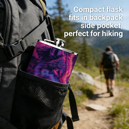 Neon wolf head cosmic background 1pc Stainless Steel Flask 8oz -Fashionable patterns Design, Ideal for Dad, Grandpa, Uncle, Hunting Enthusiasts, Birthday, Party, Christmas, Halloween Gifts