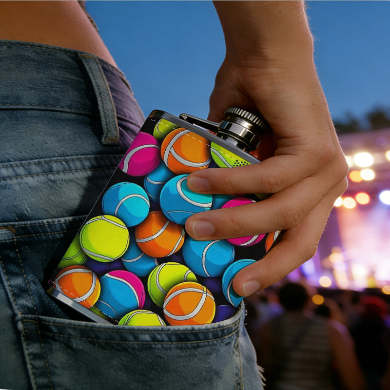Colorful assorted tennis balls 1pc Stainless Steel Flask 8oz -Fashionable patterns Design, Ideal for Dad, Grandpa, Uncle, Hunting Enthusiasts, Birthday, Party, Christmas, Halloween Gifts