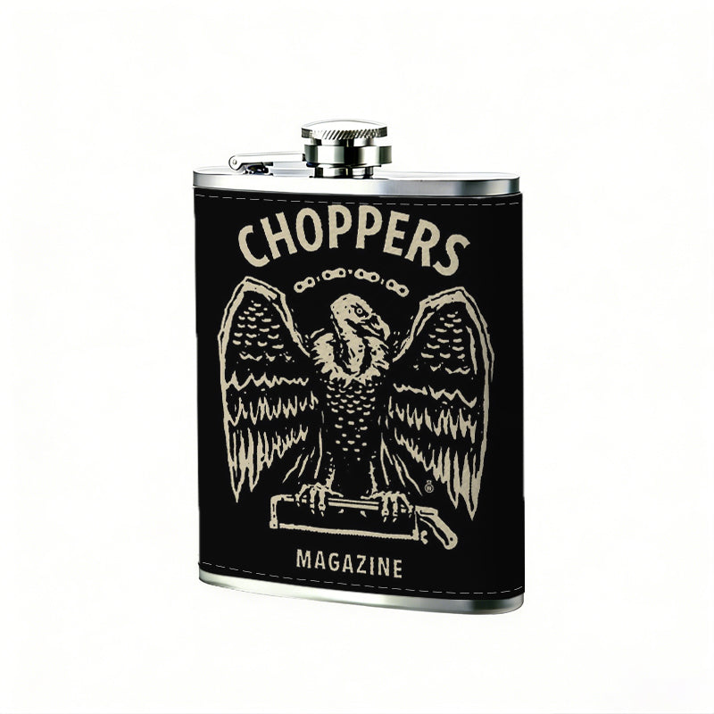 Winged skull with choppers magazine text 1pc Stainless Steel Flask 8oz -Fashionable patterns Design, Ideal for Dad, Grandpa, Uncle, Hunting Enthusiasts, Birthday, Party, Christmas, Halloween Gifts