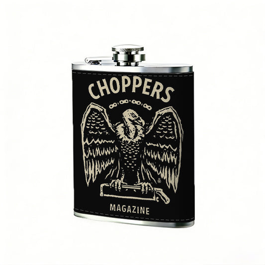 Winged skull with choppers magazine text 1pc Stainless Steel Flask 8oz -Fashionable patterns Design, Ideal for Dad, Grandpa, Uncle, Hunting Enthusiasts, Birthday, Party, Christmas, Halloween Gifts