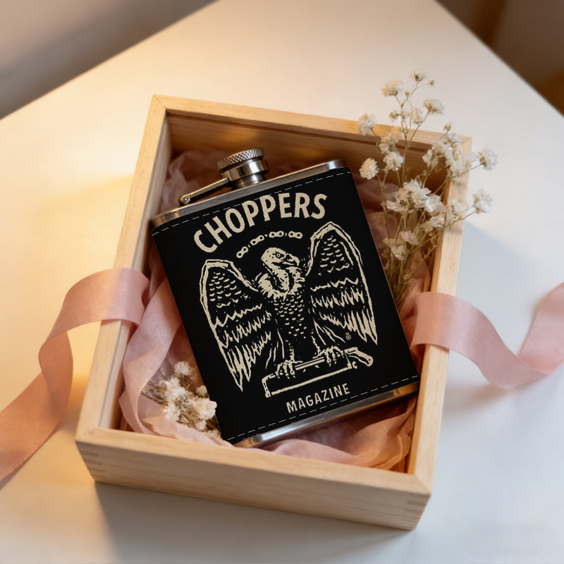 Winged skull with choppers magazine text 1pc Stainless Steel Flask 8oz -Fashionable patterns Design, Ideal for Dad, Grandpa, Uncle, Hunting Enthusiasts, Birthday, Party, Christmas, Halloween Gifts