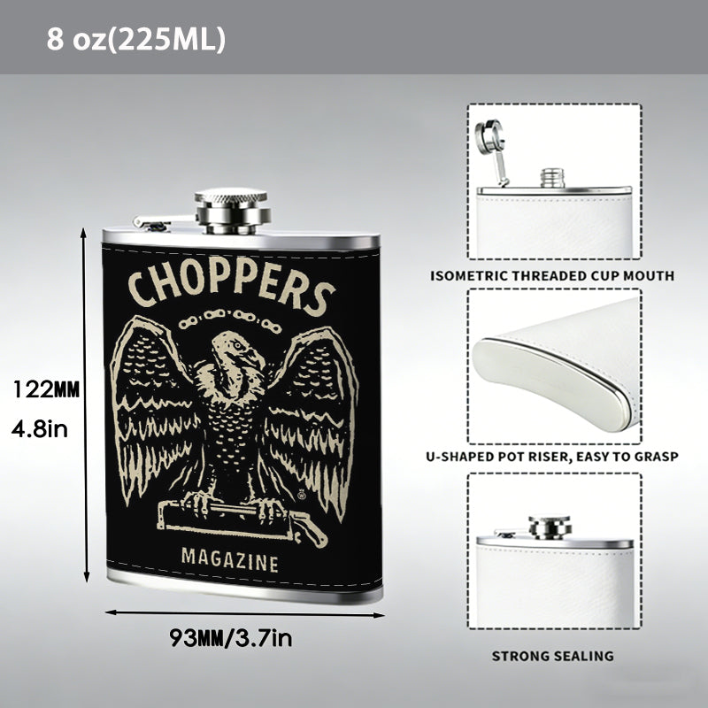 Winged skull with choppers magazine text 1pc Stainless Steel Flask 8oz -Fashionable patterns Design, Ideal for Dad, Grandpa, Uncle, Hunting Enthusiasts, Birthday, Party, Christmas, Halloween Gifts