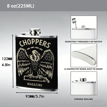 Winged skull with choppers magazine text 1pc Stainless Steel Flask 8oz -Fashionable patterns Design, Ideal for Dad, Grandpa, Uncle, Hunting Enthusiasts, Birthday, Party, Christmas, Halloween Gifts