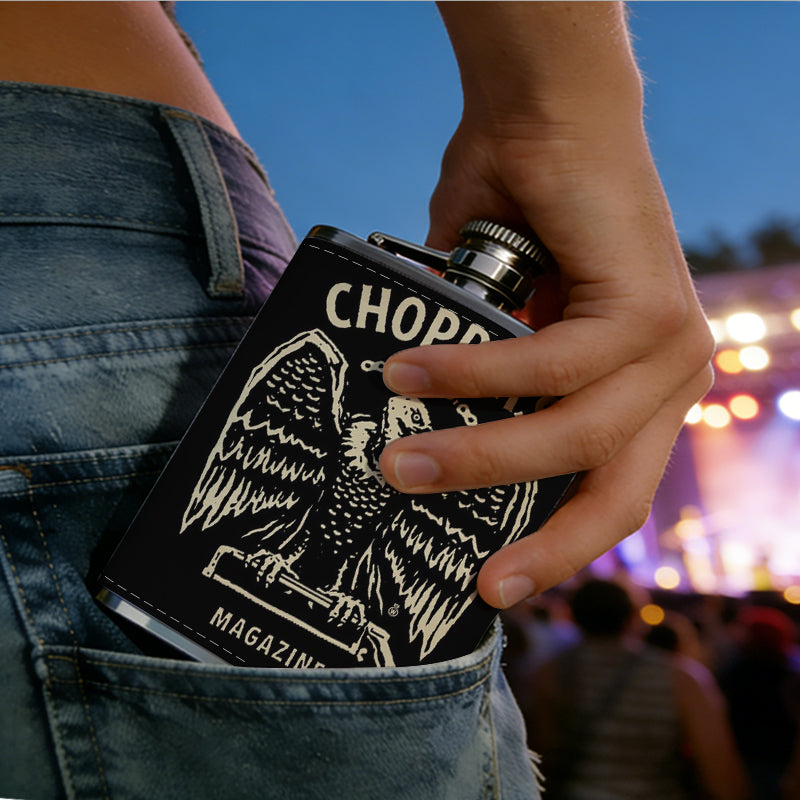 Winged skull with choppers magazine text 1pc Stainless Steel Flask 8oz -Fashionable patterns Design, Ideal for Dad, Grandpa, Uncle, Hunting Enthusiasts, Birthday, Party, Christmas, Halloween Gifts