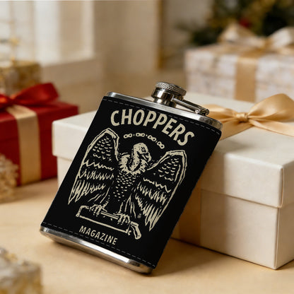 Winged skull with choppers magazine text 1pc Stainless Steel Flask 8oz -Fashionable patterns Design, Ideal for Dad, Grandpa, Uncle, Hunting Enthusiasts, Birthday, Party, Christmas, Halloween Gifts