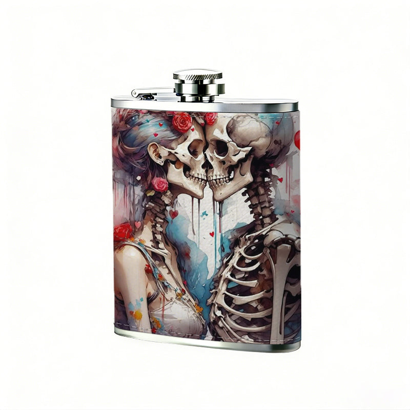 Two skeletons with sword and red roses 1pc Stainless Steel Flask 8oz -Fashionable patterns Design, Ideal for Dad, Grandpa, Uncle, Hunting Enthusiasts, Birthday, Party, Christmas, Halloween Gifts